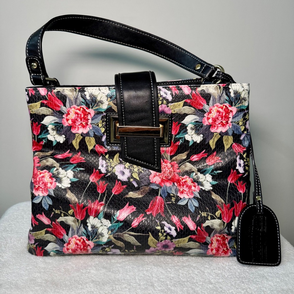 Spring Step L'Artiste Floral‎ Leather & PU Shoulder Bag Black Multicolor Satchel